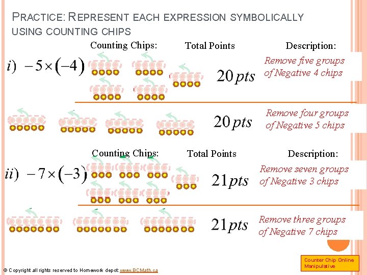 PRACTICE: REPRESENT EACH EXPRESSION SYMBOLICALLY USING COUNTING CHIPS Counting Chips: Total Points Description: Remove