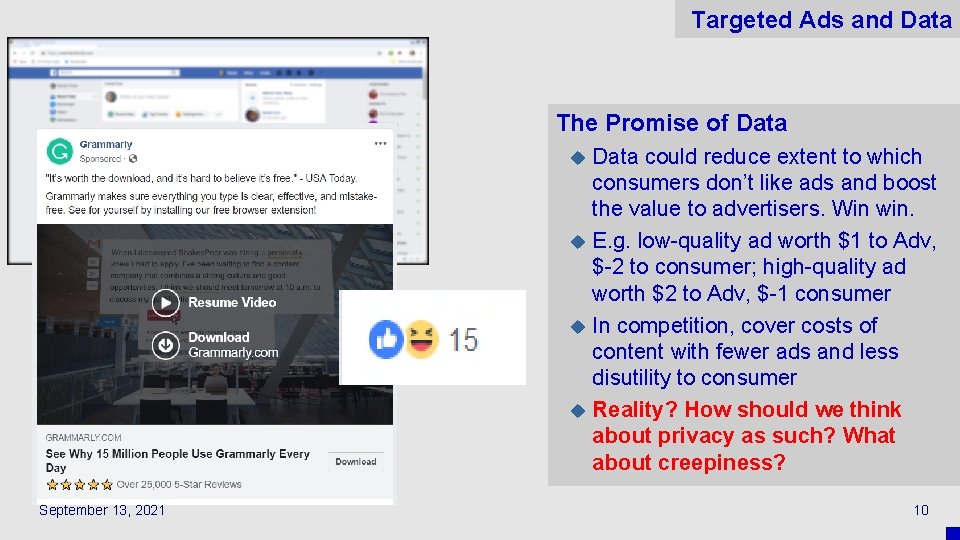 Targeted Ads and Data The Promise of Data could reduce extent to which consumers