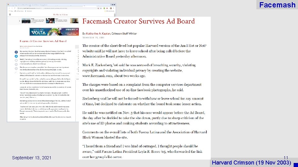 Facemash September 13, 2021 11 Harvard Crimson (19 Nov 2003) 