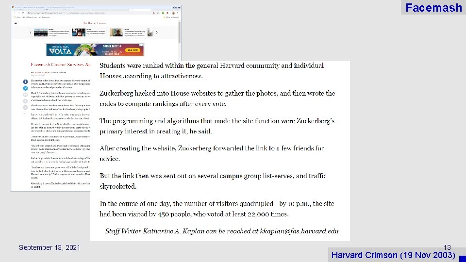 Facemash September 13, 2021 13 Harvard Crimson (19 Nov 2003) 