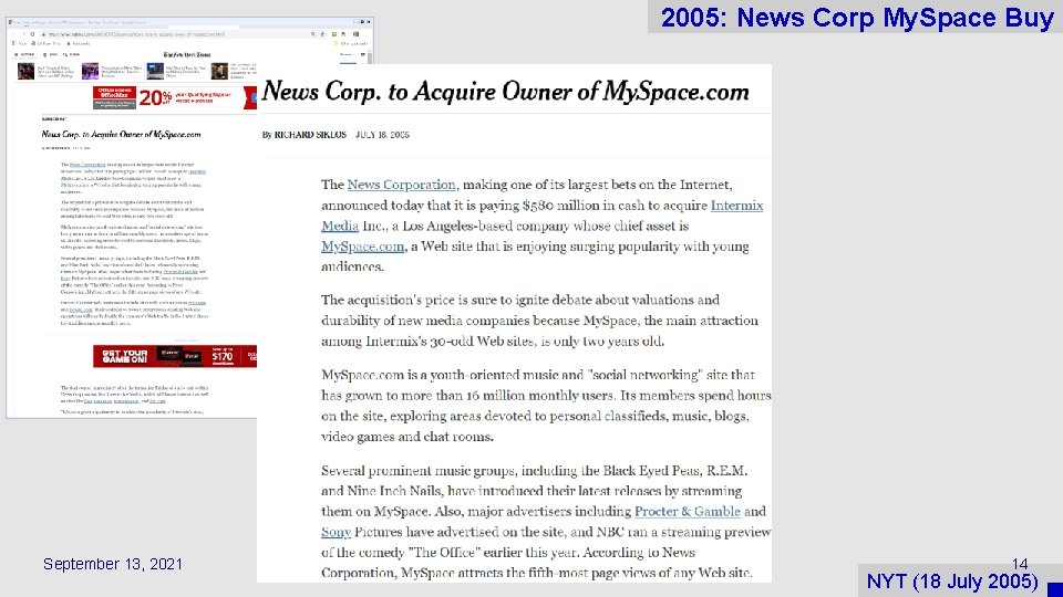 2005: News Corp My. Space Buy September 13, 2021 14 NYT (18 July 2005)