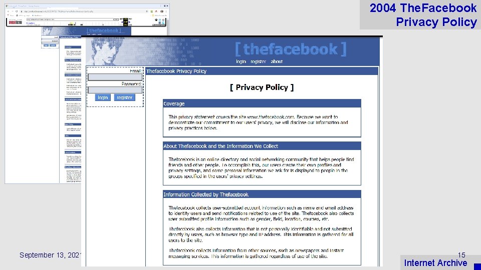 2004 The. Facebook Privacy Policy September 13, 2021 15 Internet Archive 
