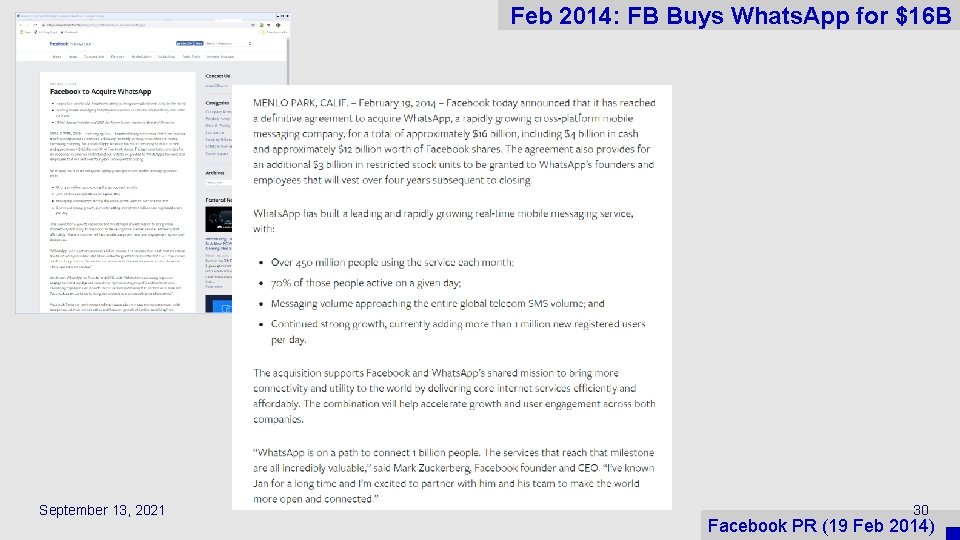 Feb 2014: FB Buys Whats. App for $16 B September 13, 2021 30 Facebook