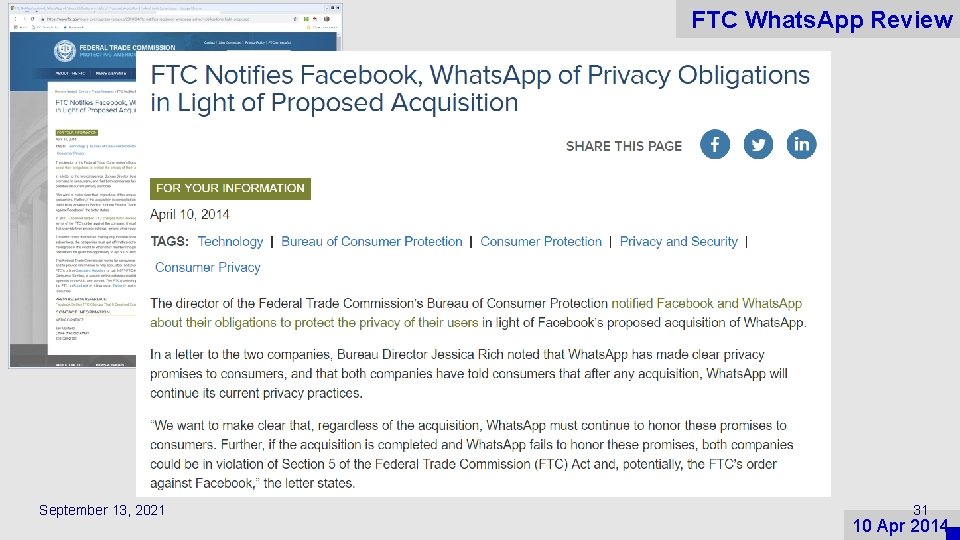 FTC Whats. App Review September 13, 2021 31 10 Apr 2014 