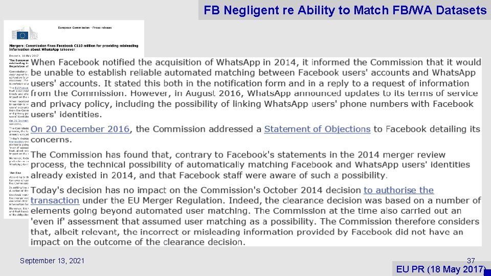 FB Negligent re Ability to Match FB/WA Datasets September 13, 2021 37 EU PR