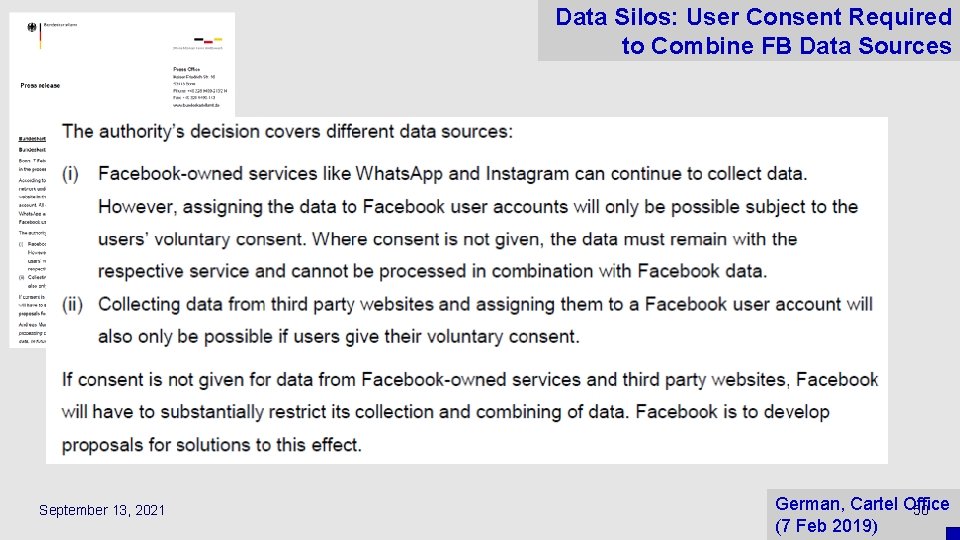 Data Silos: User Consent Required to Combine FB Data Sources September 13, 2021 German,