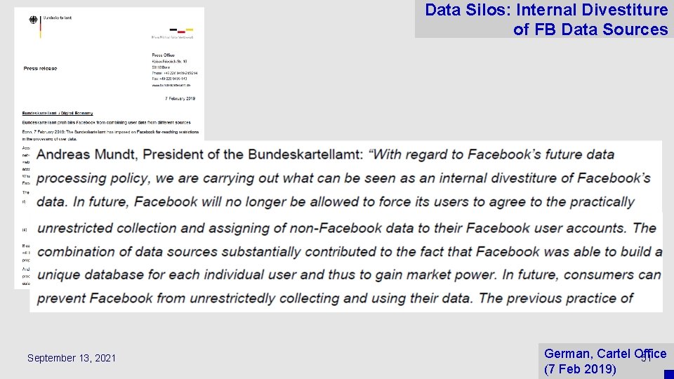 Data Silos: Internal Divestiture of FB Data Sources September 13, 2021 German, Cartel Office