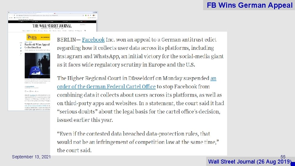 FB Wins German Appeal September 13, 2021 55 Wall Street Journal (26 Aug 2019)