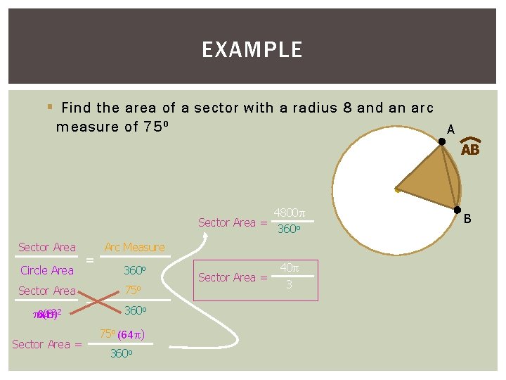 EXAMPLE § Find the area of a sector with a radius 8 and an