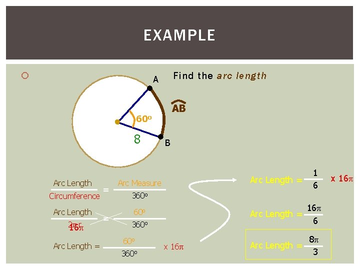EXAMPLE Find the arc length A AB 60 o 8 Arc Length Circumference Arc