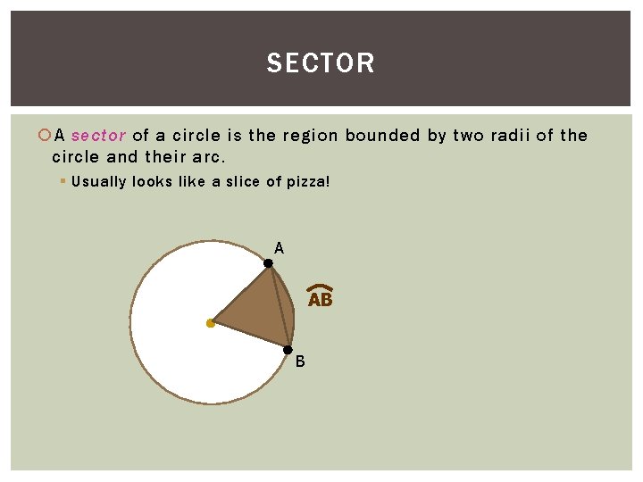 SECTOR A sector of a circle is the region bounded by two radii of