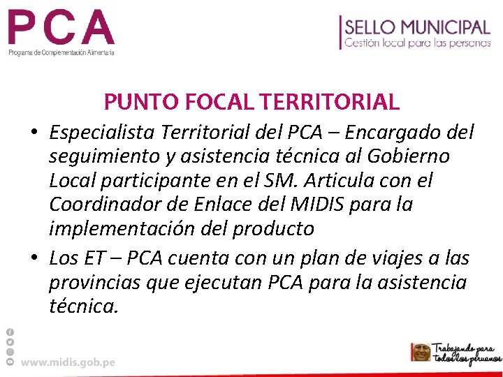 PUNTO FOCAL TERRITORIAL • Especialista Territorial del PCA – Encargado del seguimiento y asistencia