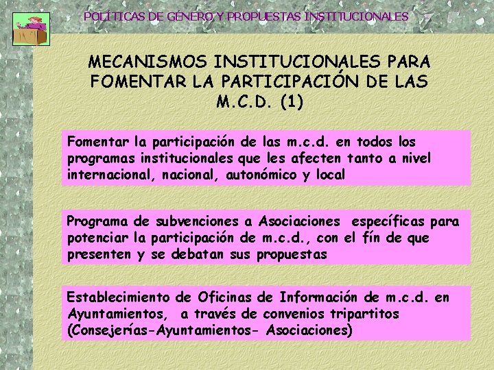 POLÍTICAS DE GÉNERO Y PROPUESTAS INSTITUCIONALES MECANISMOS INSTITUCIONALES PARA FOMENTAR LA PARTICIPACIÓN DE LAS