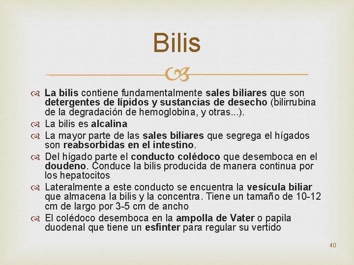 Bilis La bilis contiene fundamentalmente sales biliares que son detergentes de lípidos y sustancias