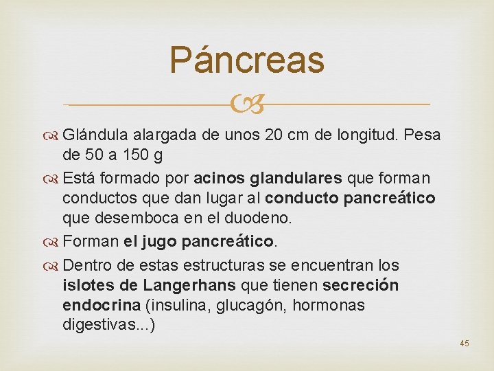 Páncreas Glándula alargada de unos 20 cm de longitud. Pesa de 50 a 150