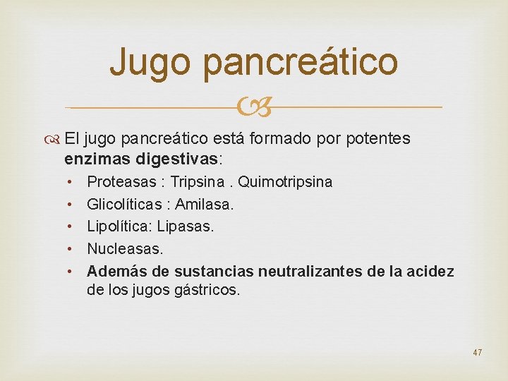 Jugo pancreático El jugo pancreático está formado por potentes enzimas digestivas: • • •