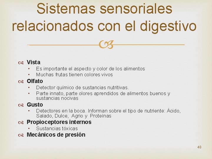 Sistemas sensoriales relacionados con el digestivo Vista • • Es importante el aspecto y