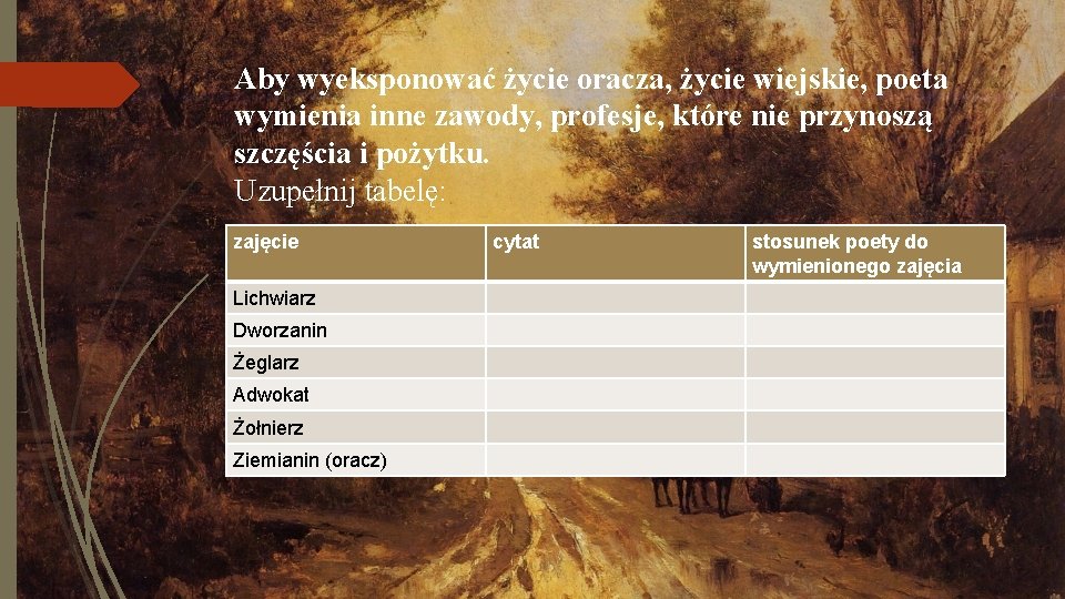 Aby wyeksponować życie oracza, życie wiejskie, poeta wymienia inne zawody, profesje, które nie przynoszą