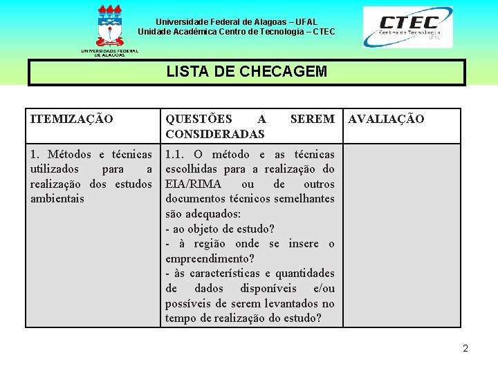 Universidade Federal de Alagoas – UFAL Unidade Acadêmica Centro de Tecnologia – CTEC LISTA