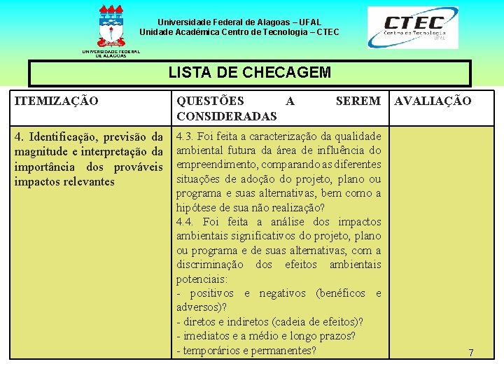 Universidade Federal de Alagoas – UFAL Unidade Acadêmica Centro de Tecnologia – CTEC LISTA
