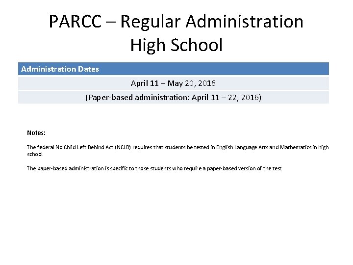 PARCC – Regular Administration High School Administration Dates April 11 – May 20, 2016