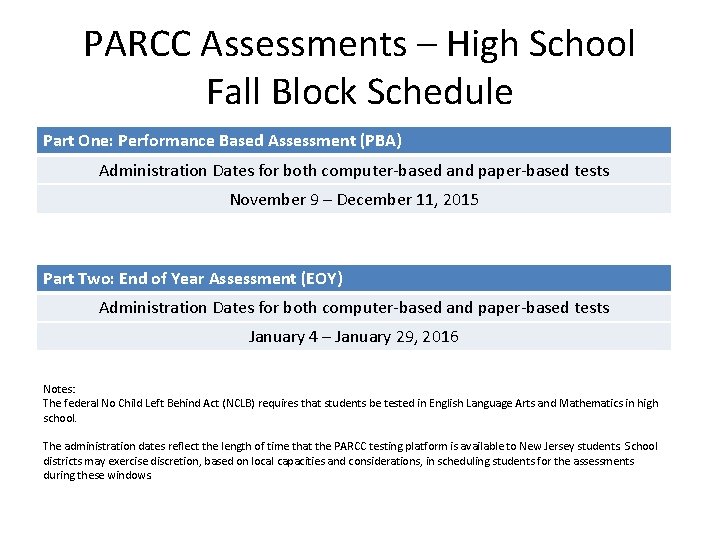 PARCC Assessments – High School Fall Block Schedule Part One: Performance Based Assessment (PBA)