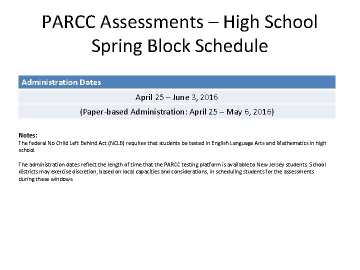 PARCC Assessments – High School Spring Block Schedule Administration Dates April 25 – June