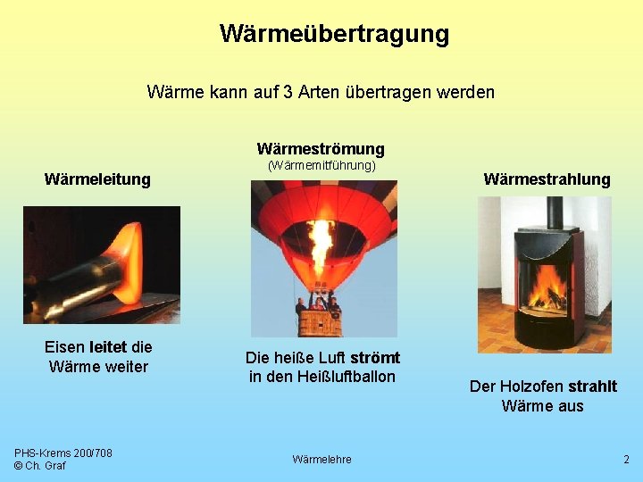 Wärmeübertragung Wärme kann auf 3 Arten übertragen werden Wärmeströmung Wärmeleitung Eisen leitet die Wärme