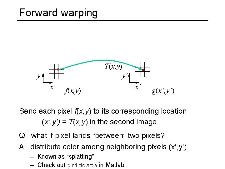 Forward warping T(x, y) y’ y x f(x, y) x’ g(x’, y’) Send each