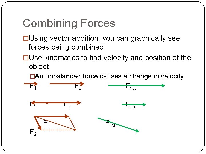 Combining Forces �Using vector addition, you can graphically see forces being combined �Use kinematics
