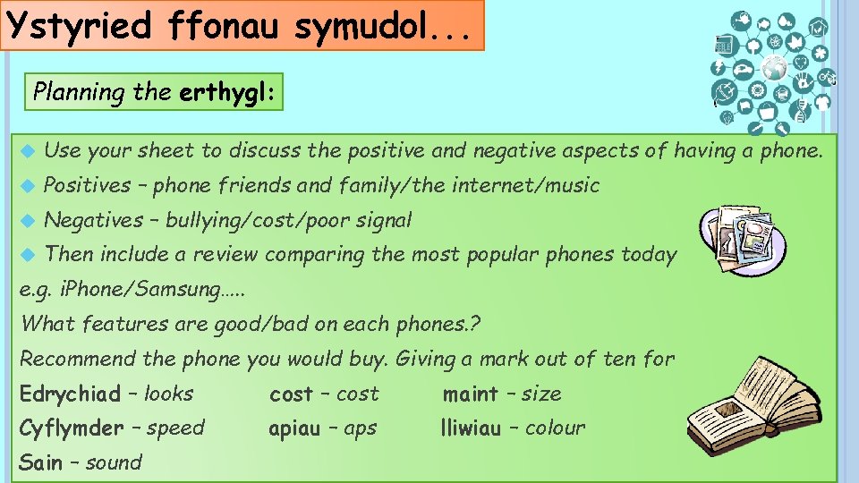 Ystyried ffonau symudol. . . Planning the erthygl: Use your sheet to discuss the
