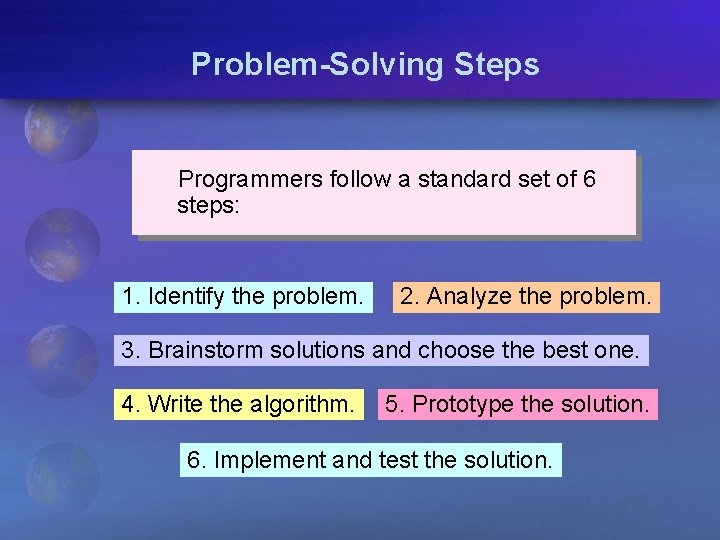 Problem-Solving Steps Programmers follow a standard set of 6 steps: 1. Identify the problem.