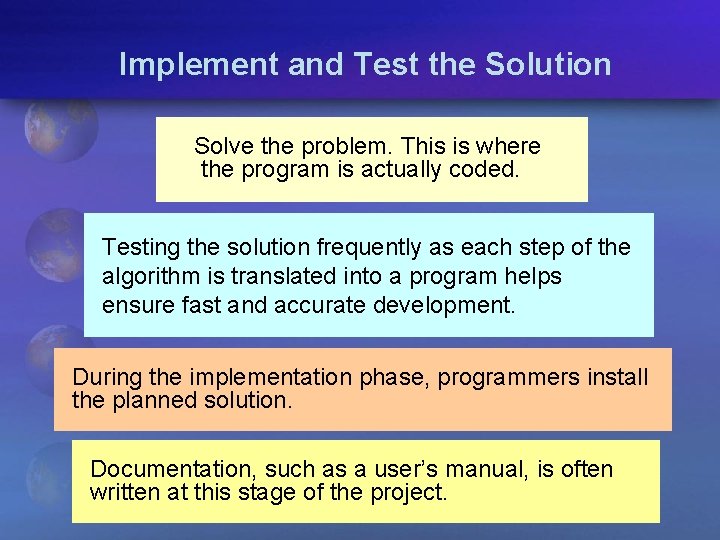 Implement and Test the Solution Solve the problem. This is where the program is