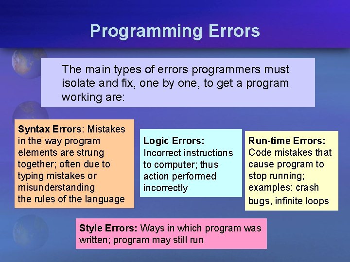 Programming Errors The main types of errors programmers must isolate and fix, one by