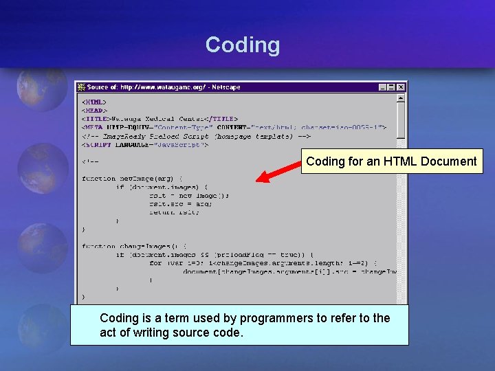 Coding for an HTML Document Coding is a term used by programmers to refer