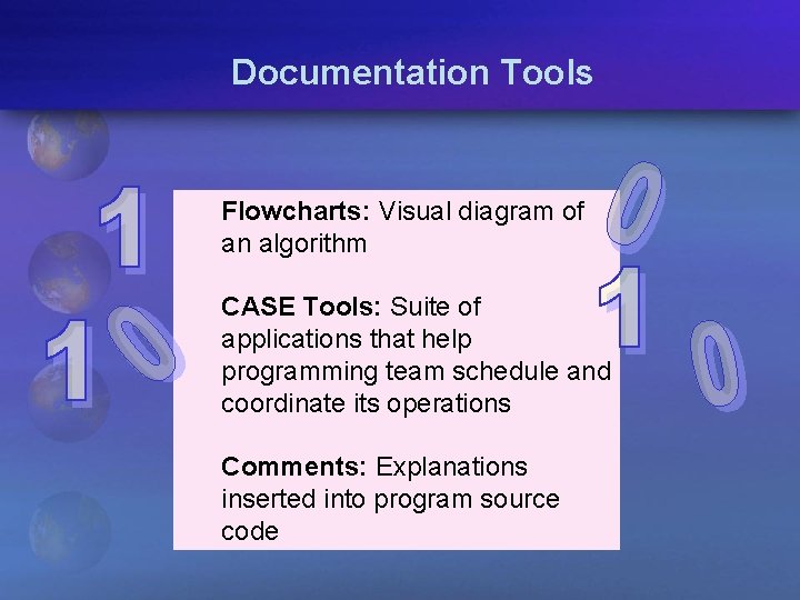 Documentation Tools Flowcharts: Visual diagram of an algorithm CASE Tools: Suite of applications that