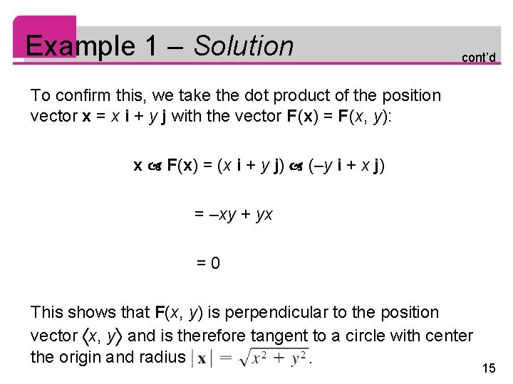 Example 1 – Solution cont’d To confirm this, we take the dot product of