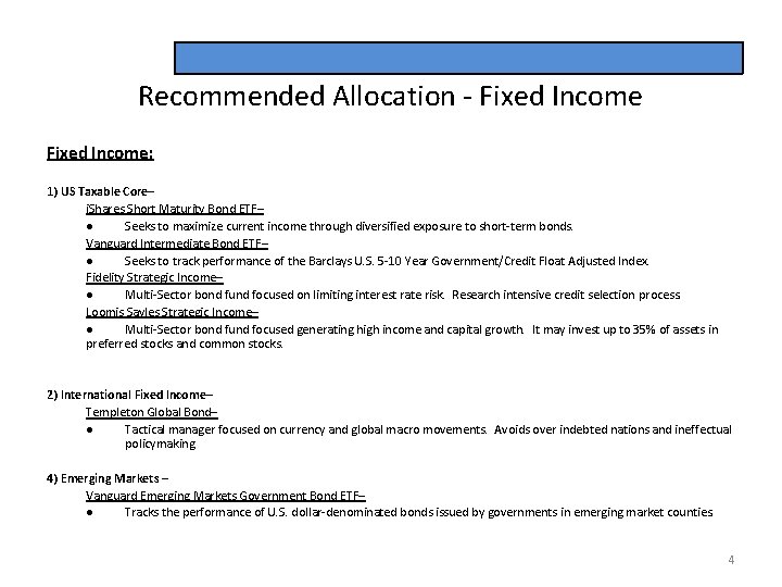 Recommended Allocation - Fixed Income: 1) US Taxable Core– i. Shares Short Maturity Bond