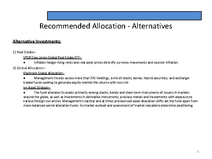 Recommended Allocation - Alternatives Alternative Investments: 1) Real Estate– SPDR Dow Jones Global Real