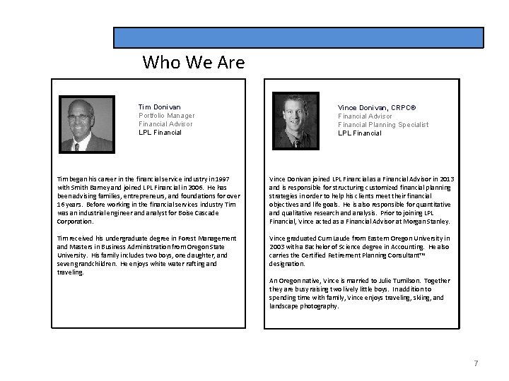 Who We Are Tim Donivan Portfolio Manager Financial Advisor LPL Financial Vince Donivan, CRPC®