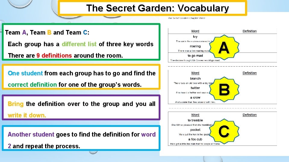The Secret Garden: Vocabulary Team A, Team B and Team C: Each group has The Secret Garden: Vocabulary Team A, Team B and Team C: Each group has