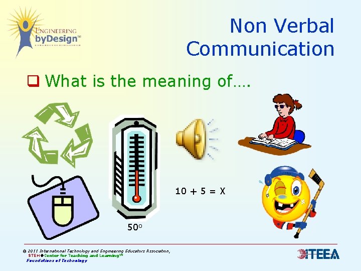 Non Verbal Communication q What is the meaning of…. 10 + 5 = X