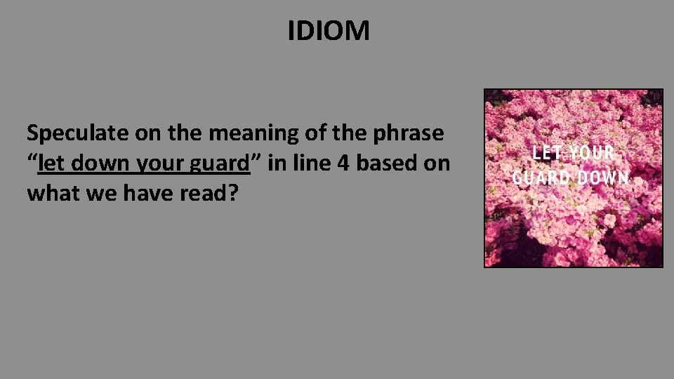 IDIOM Speculate on the meaning of the phrase “let down your guard” in line