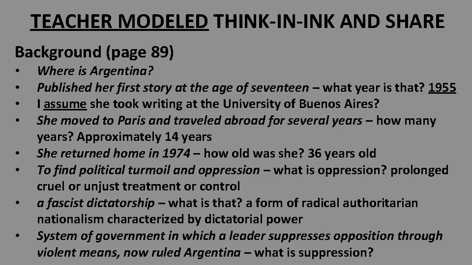 TEACHER MODELED THINK-IN-INK AND SHARE Background (page 89) • • Where is Argentina? Published