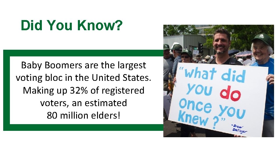 Did You Know? Baby Boomers are the largest voting bloc in the United States.