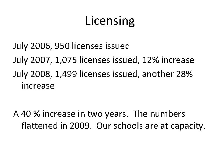 Licensing July 2006, 950 licenses issued July 2007, 1, 075 licenses issued, 12% increase