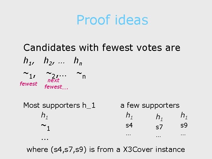Proof ideas Candidates with fewest votes are h 1, h 2, … ~ 1,