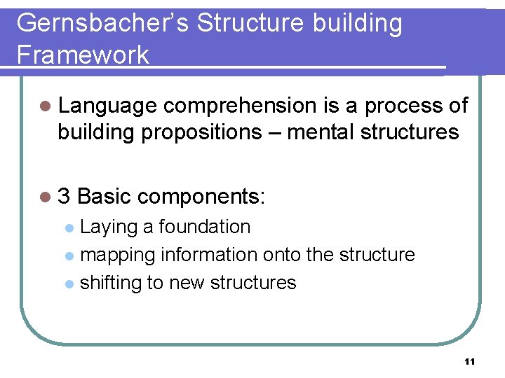 Gernsbacher’s Structure building Framework l Language comprehension is a process of building propositions –