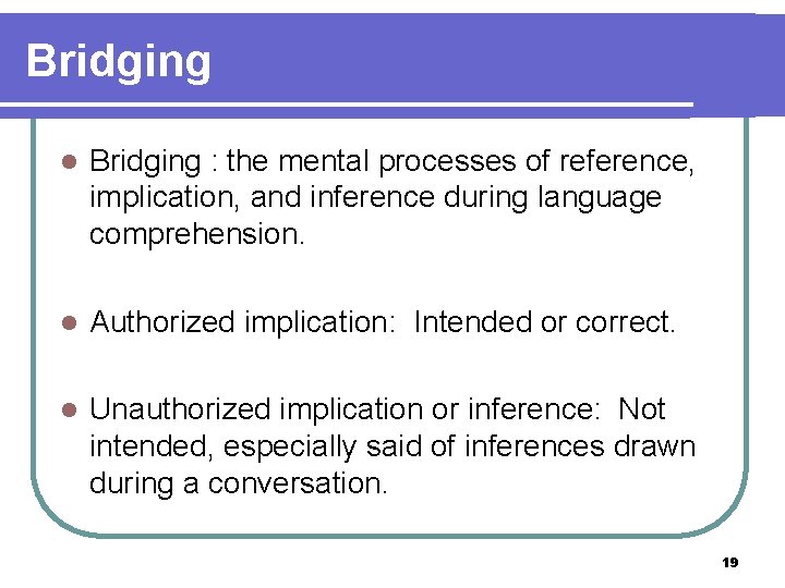 Bridging l Bridging : the mental processes of reference, implication, and inference during language