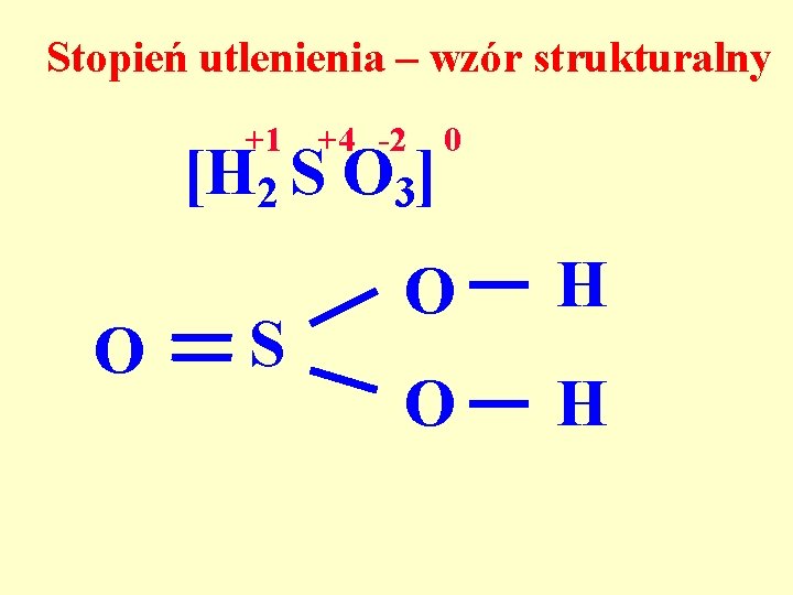 Stopień utlenienia – wzór strukturalny +1 +4 -2 [H 2 S O 3] O